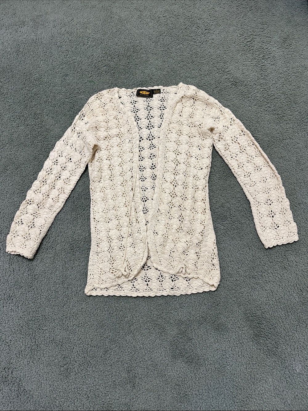 ✨ FREE PEOPLE VINTAGE 90s open knit tie front crochet sweater boho hippie size m
